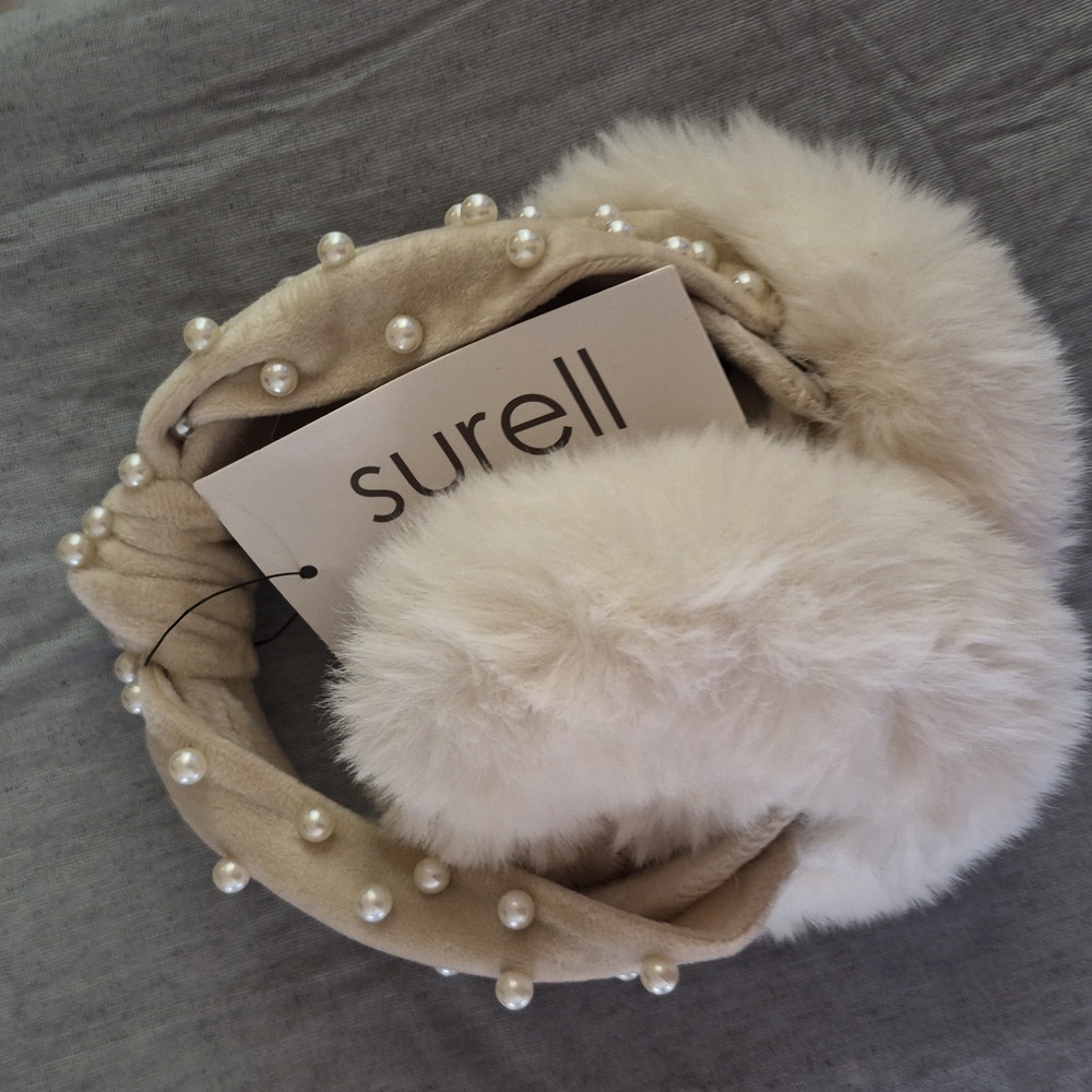 Surell Pearly Knotted Velvet Band Faux Fur Ivory Ear Muffs NWT